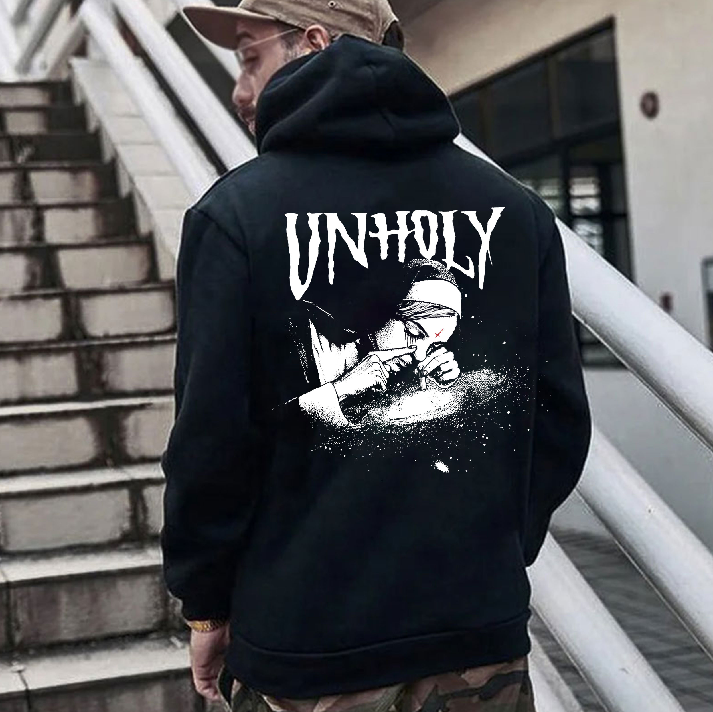 UNHOLY Nun Smoking Dark Style Black Print Hoodie Image - 6