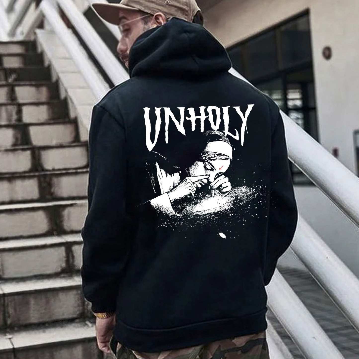 UNHOLY Nun Smoking Dark Style Black Print Hoodie Image - 6