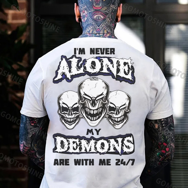 I'M NEVER ALONE MY DEMONS ARE WITH ME Skull 24/7 Print Men's T-Shirt Image - 2