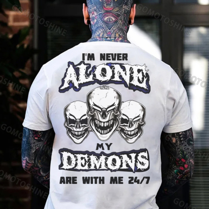 I'M NEVER ALONE MY DEMONS ARE WITH ME Skull 24/7 Print Men's T-Shirt Image - 2