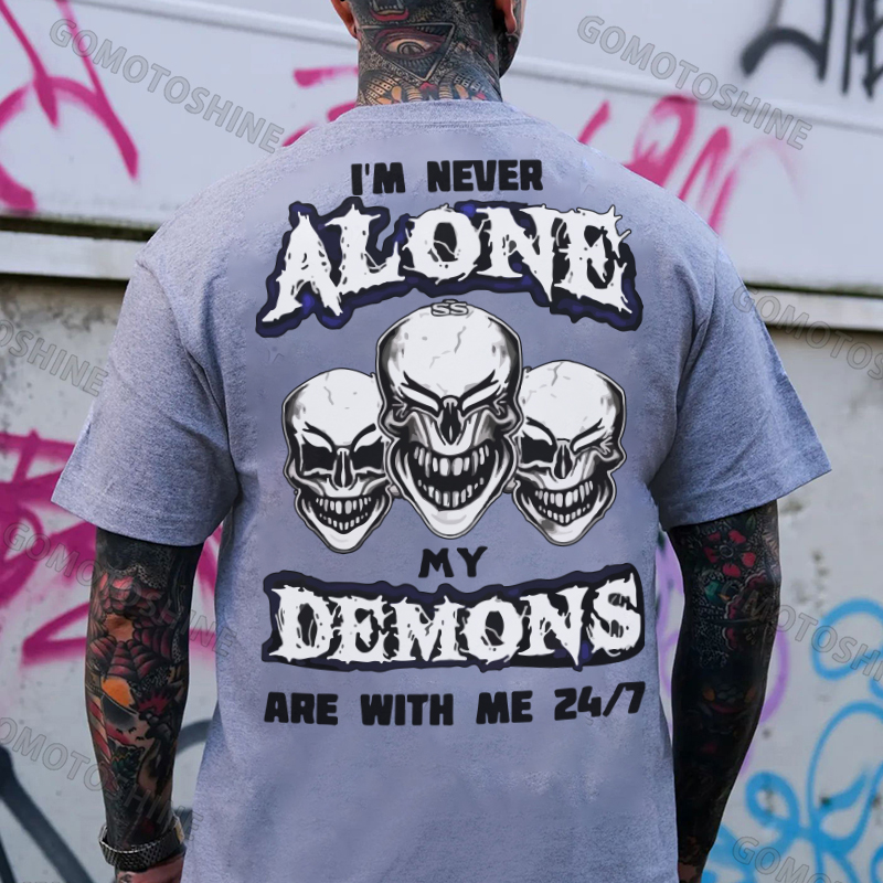 I'M NEVER ALONE MY DEMONS ARE WITH ME Skull 24/7 Print Men's T-Shirt Image - 3