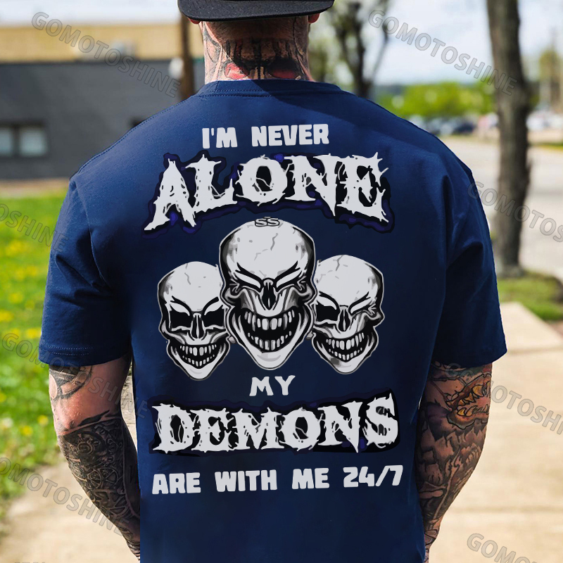 I'M NEVER ALONE MY DEMONS ARE WITH ME Skull 24/7 Print Men's T-Shirt Image - 4