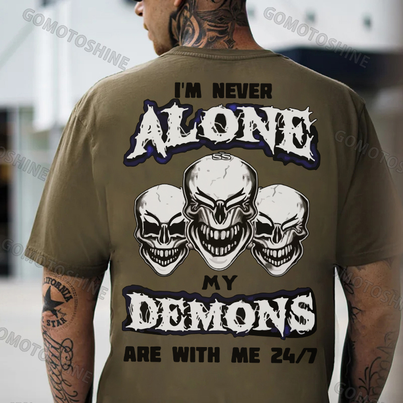 I'M NEVER ALONE MY DEMONS ARE WITH ME Skull 24/7 Print Men's T-Shirt Image - 5