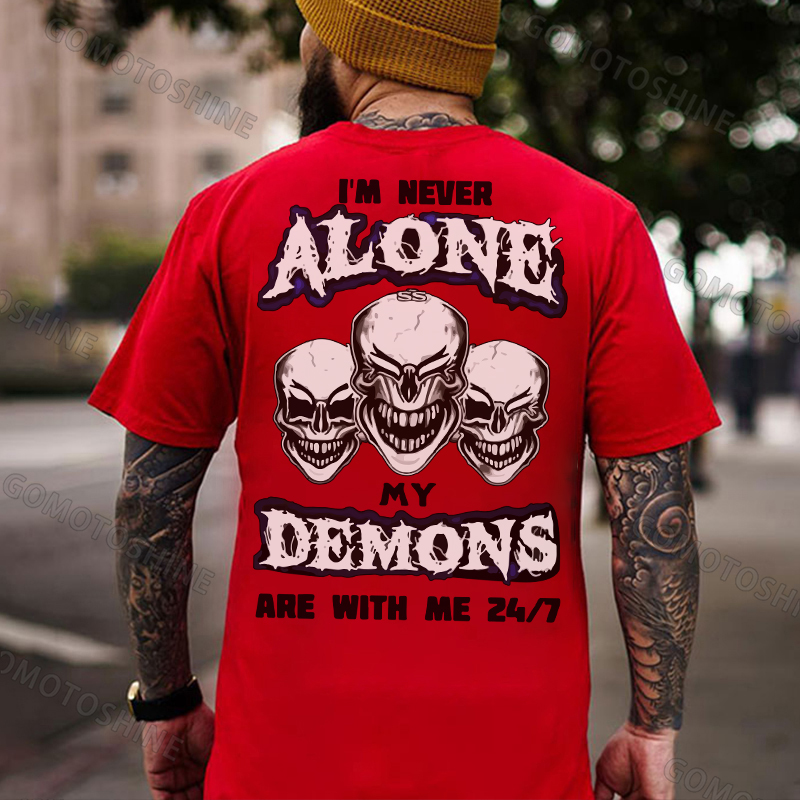 I'M NEVER ALONE MY DEMONS ARE WITH ME Skull 24/7 Print Men's T-Shirt Image - 6