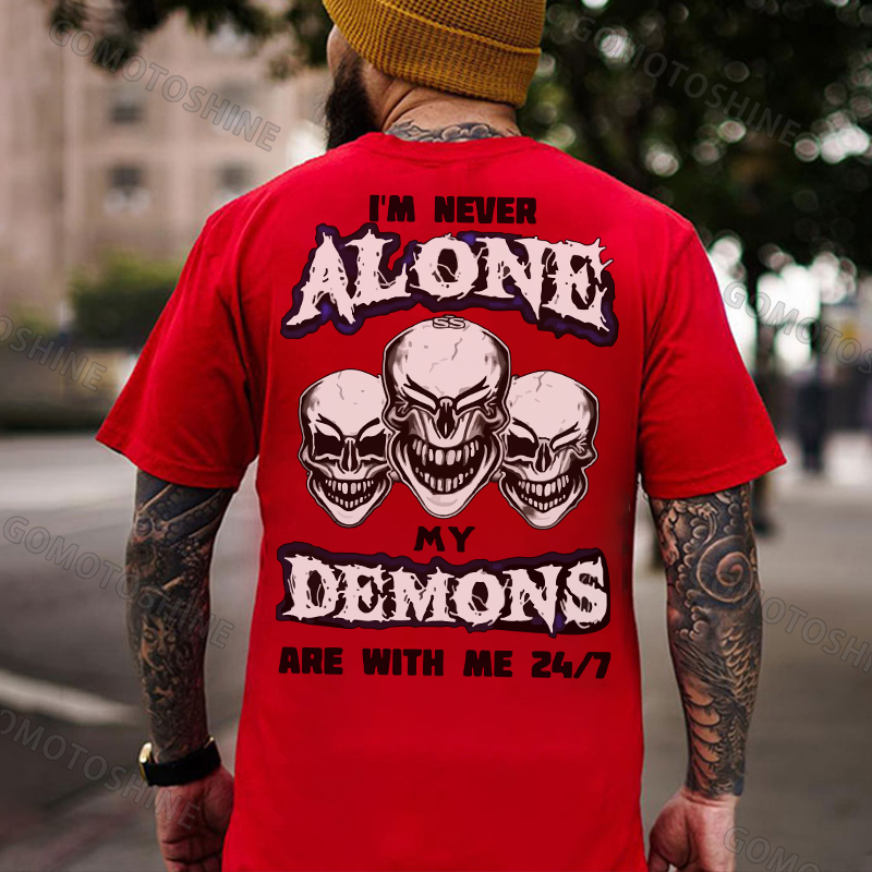 I'M NEVER ALONE MY DEMONS ARE WITH ME Skull 24/7 Print Men's T-Shirt Image - 6