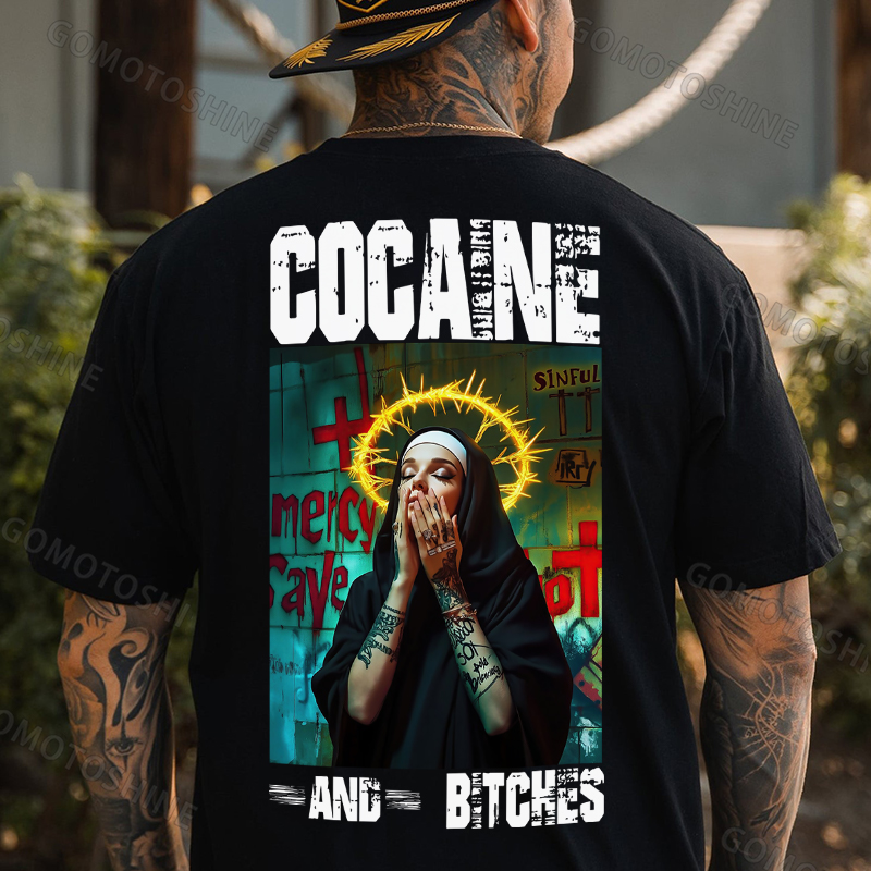 COCAINE AND BITCHES Tattooed Nun Print Men's T-shirt Image - 1
