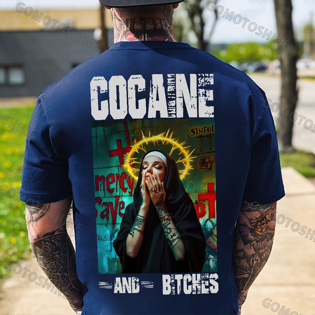 COCAINE AND BITCHES Tattooed Nun Print Men's T-shirt Image - 4