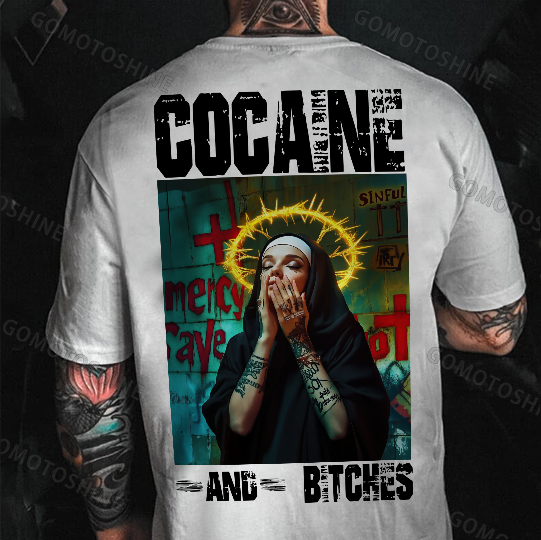 COCAINE AND BITCHES Tattooed Nun Print Men's T-shirt Image - 2