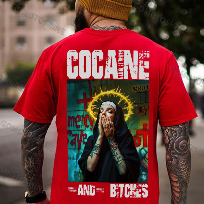 COCAINE AND BITCHES Tattooed Nun Print Men's T-shirt Image - 6
