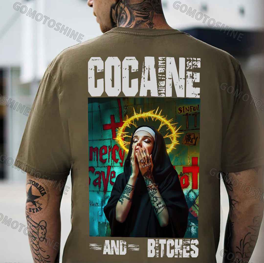COCAINE AND BITCHES Tattooed Nun Print Men's T-shirt Image - 5