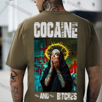 COCAINE AND BITCHES Tattooed Nun Print Men's T-shirt Image - 5