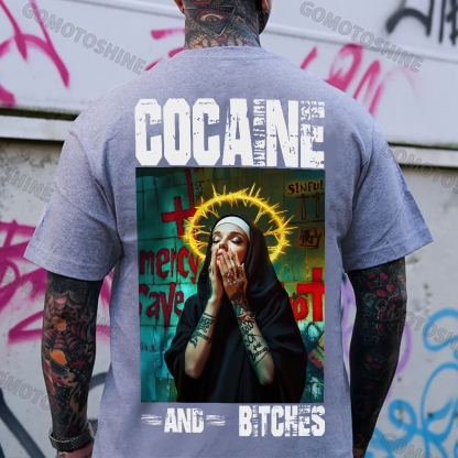 COCAINE AND BITCHES Tattooed Nun Print Men's T-shirt Image - 3
