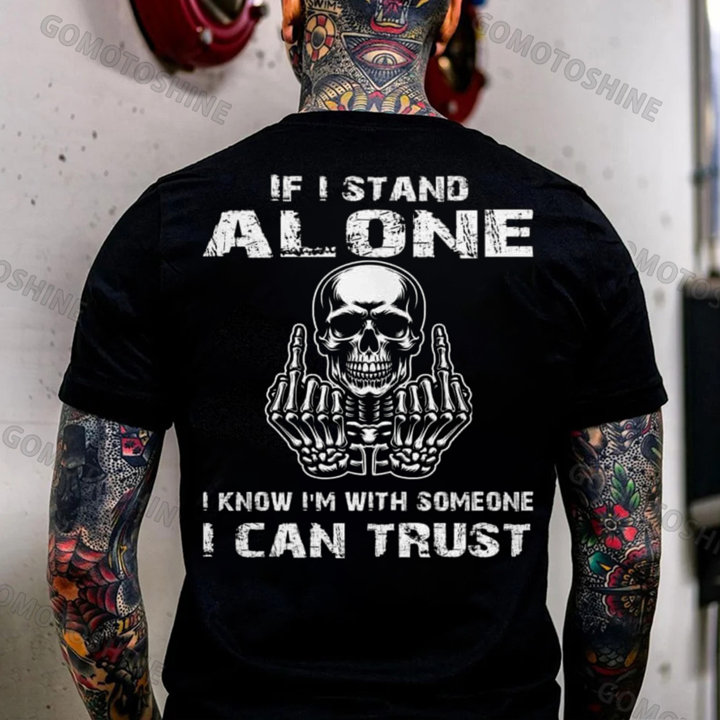 IF I STAND ALONE I KNOW I'M WITH SOMEONE I CAN TRUST Defiant Skeleton Print Men's T-shirt Image - 1