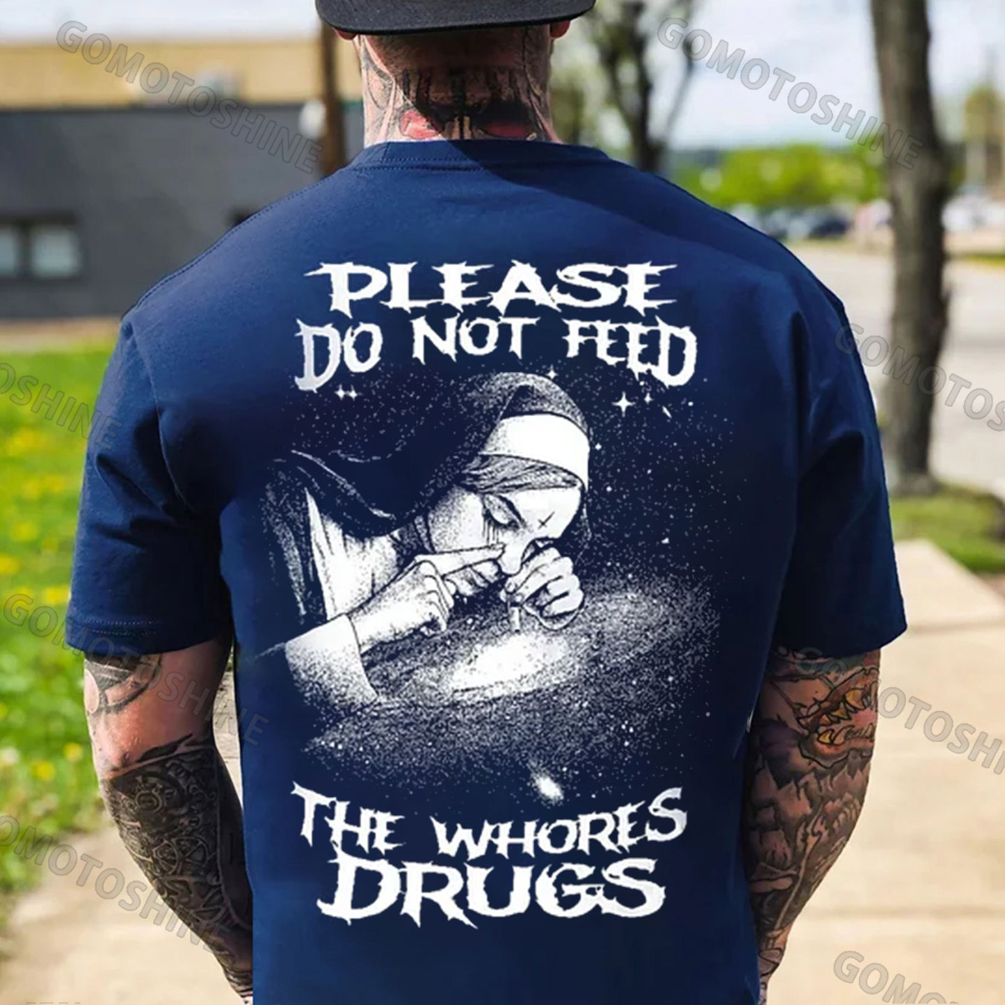 PLEASE DO NOT FEED THE WHORES DRUGS Smoking Nun Print Men's T-shirt