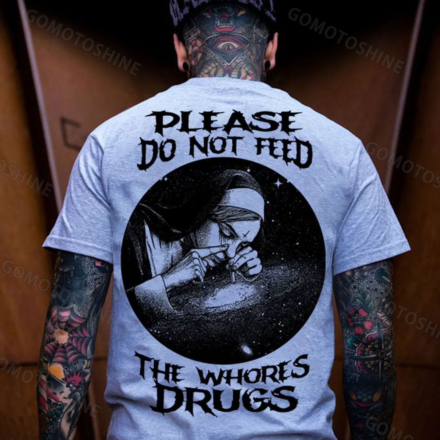 PLEASE DO NOT FEED THE WHORES DRUGS Smoking Nun Print Men's T-shirt