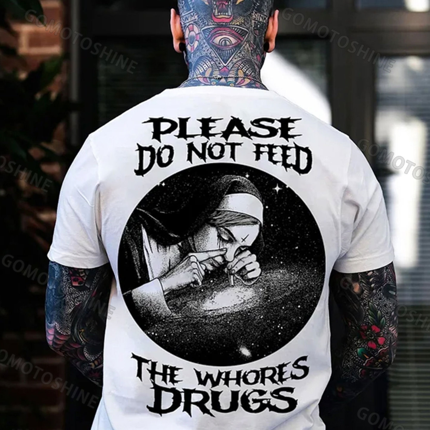 PLEASE DO NOT FEED THE WHORES DRUGS Smoking Nun Print Men's T-shirt