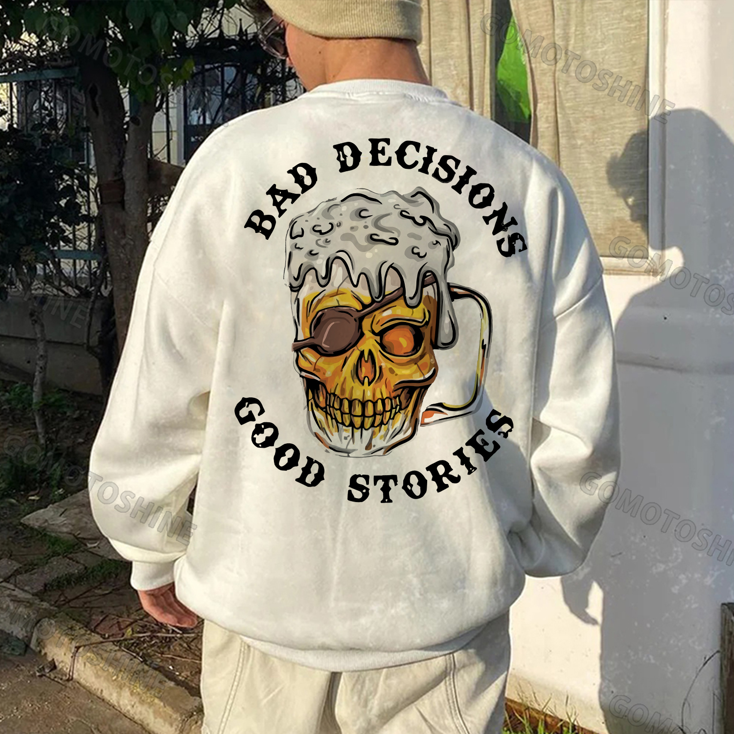 BAD DECISIONS GOOD STORIES Skull Beer Print Men's Sweatshirt Image - 2