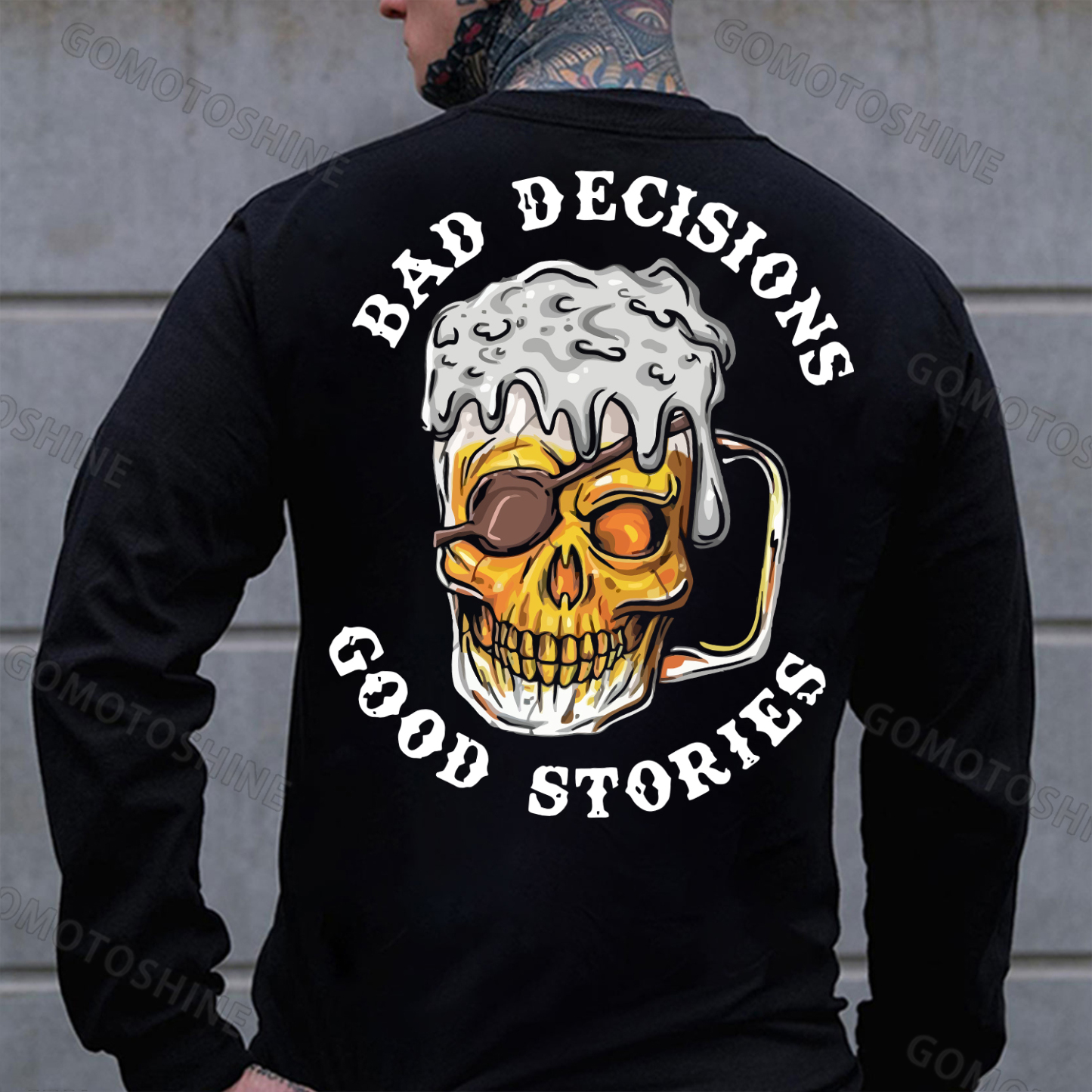 BAD DECISIONS GOOD STORIES Skull Beer Print Men's Sweatshirt Image - 1