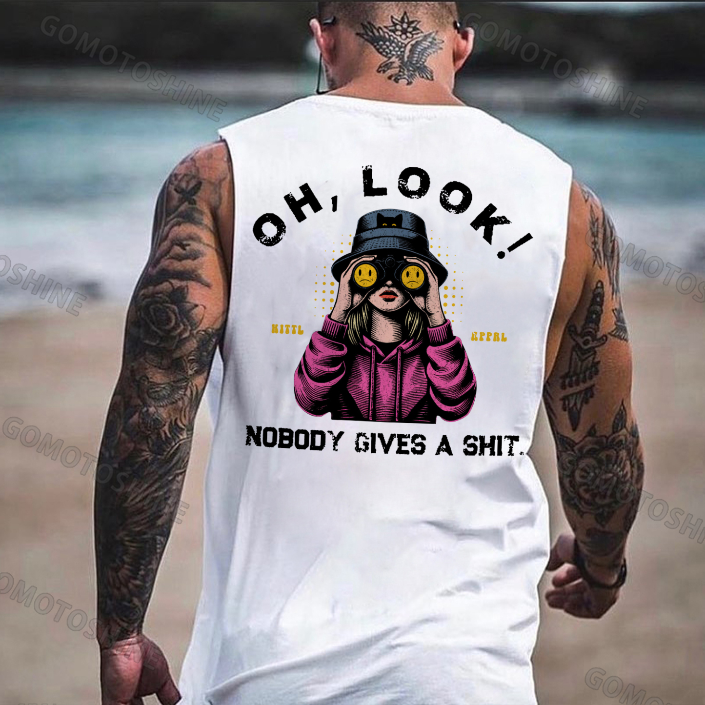 OH LOOK NOBODY GIVES A SHIT Blonde With Telescope Print Men's Vest