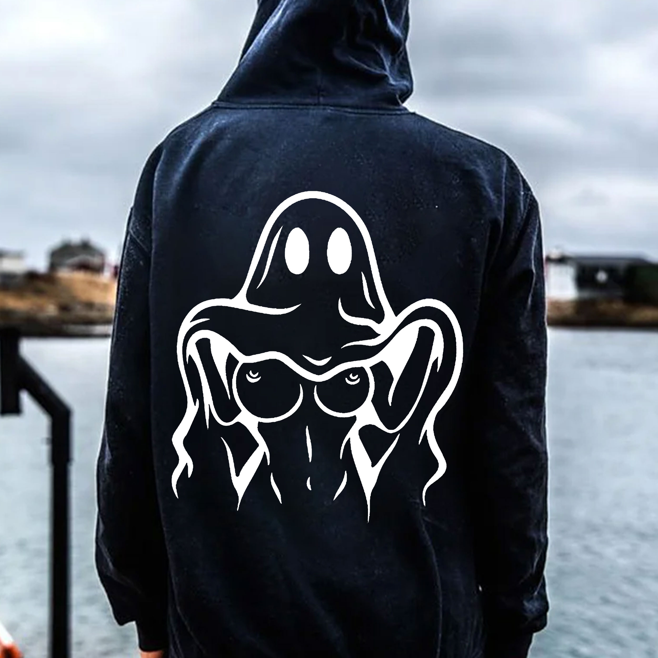 Naughty Ghost with Sexy Boobs Graphic Print Hoodie Image - 2