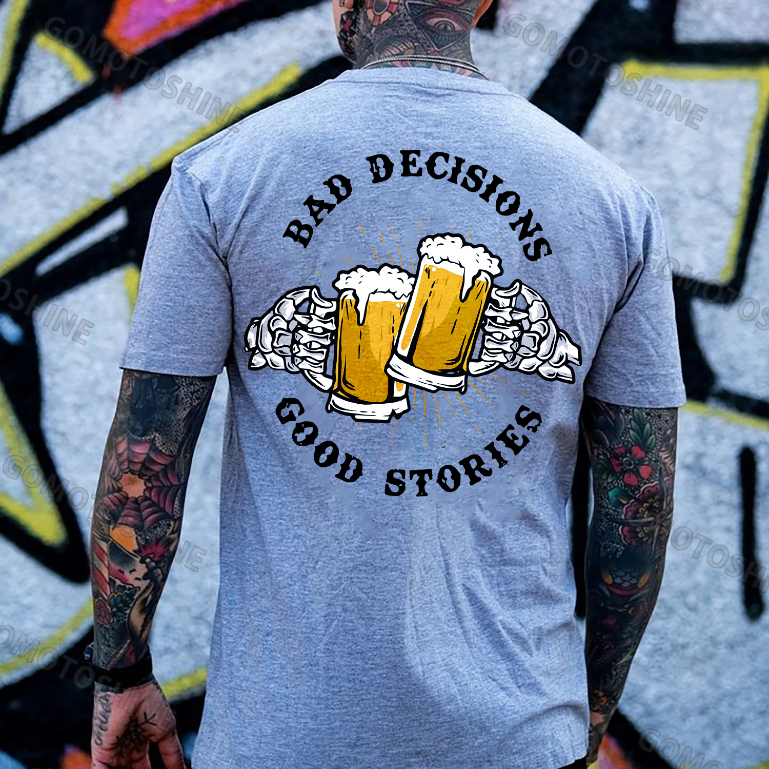 BAD DECISIONS GOOD STORIES Bone Hand&Beer Print Men's T-Shirt Image - 3