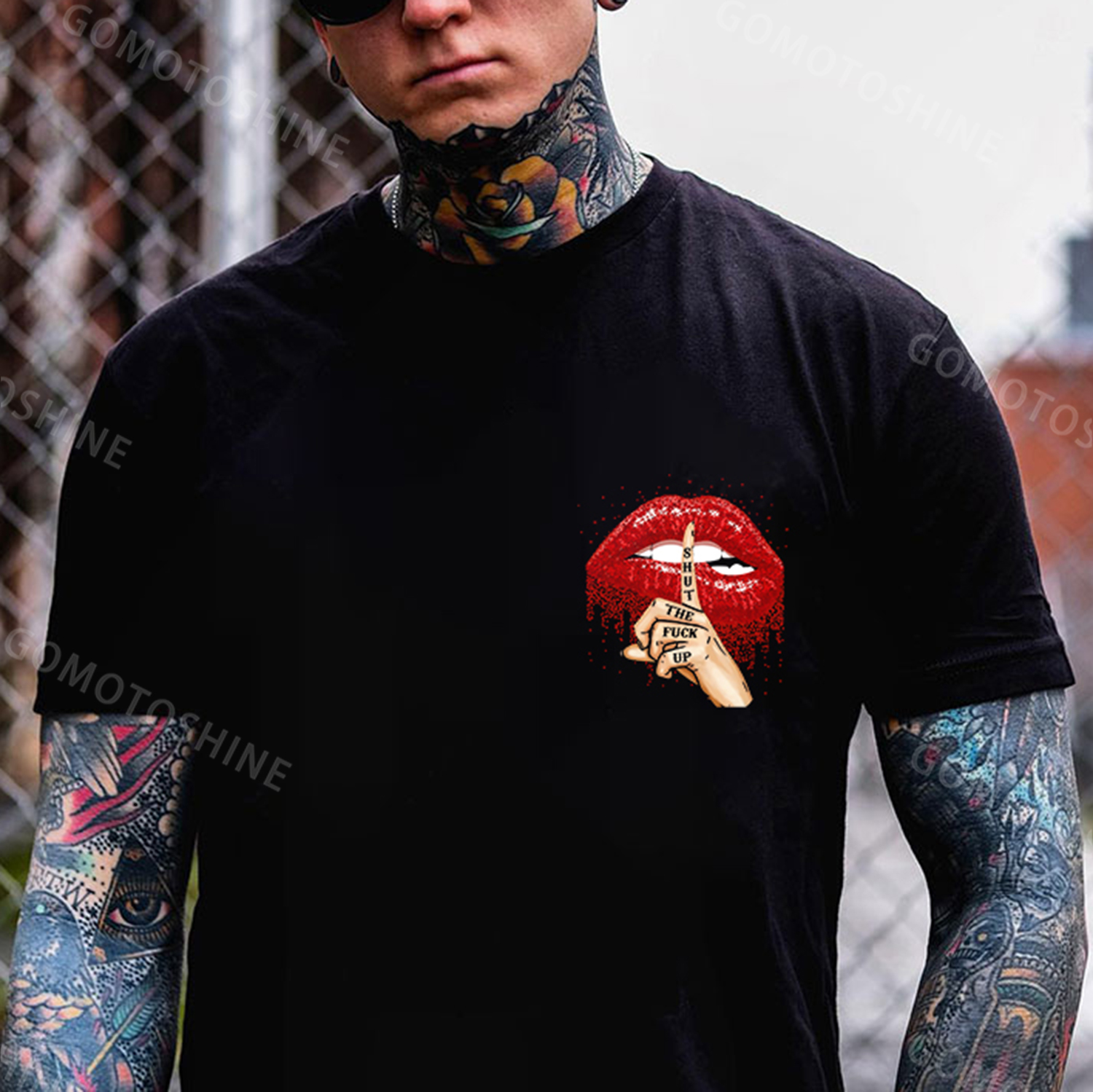SHUT THE F*CK UP Sexy Lips Keeping Silent Black Print T-Shirt Image - 2