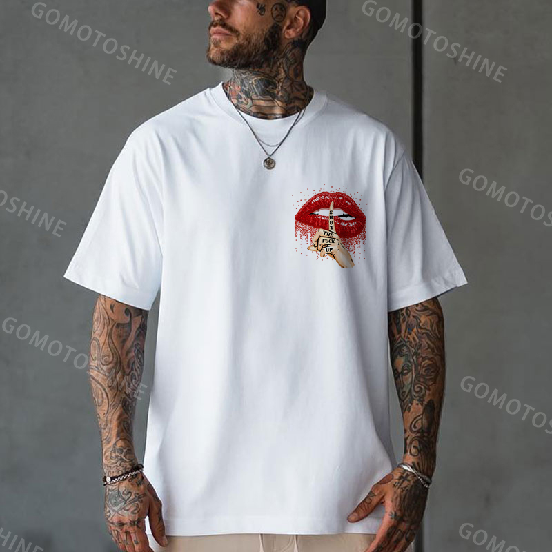 SHUT THE F*CK UP Sexy Lips Keeping Silent Black Print T-Shirt Image - 10