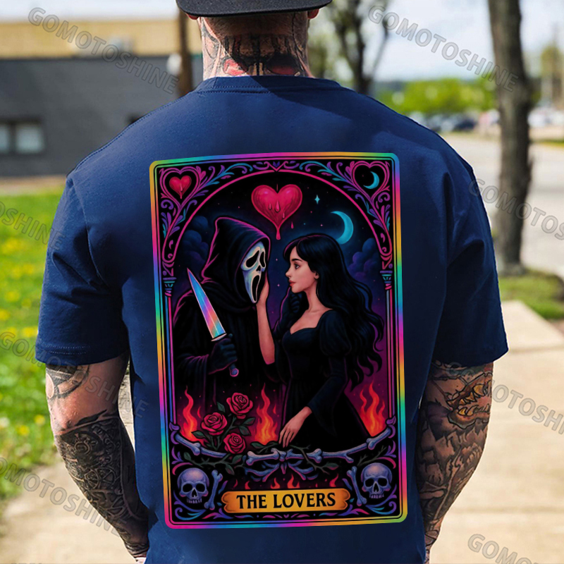 THE LOVERS Skeleton Killer And Sexy Girl Print Men's T-shirt Image - 4