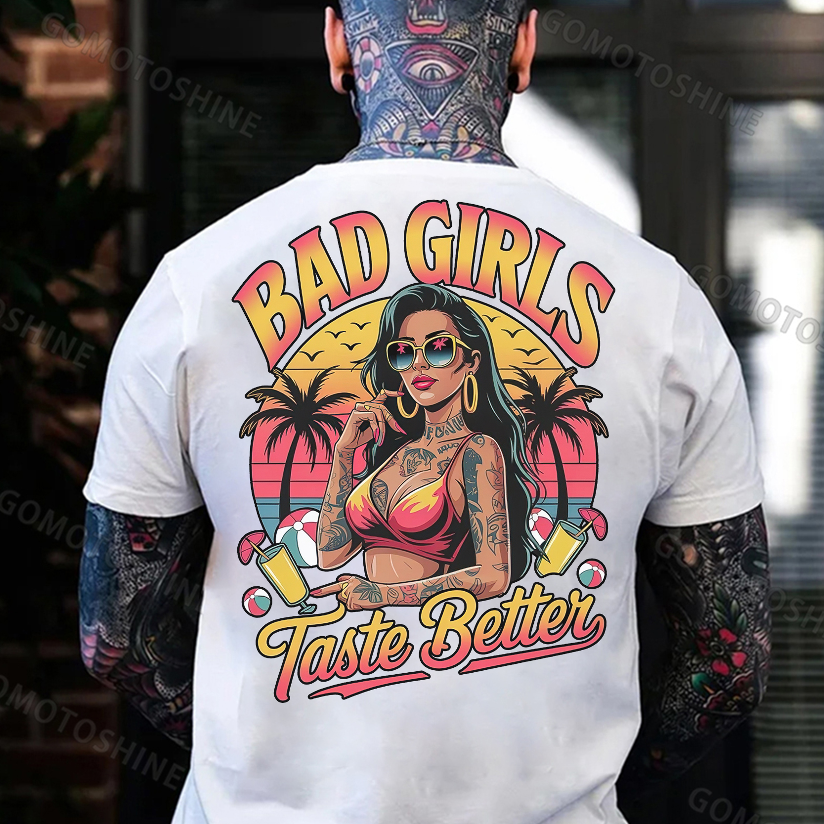 BAD GIRLS TASTE BETTER Vacation Tattooed Lady Print Men's T-Shirt Image - 2