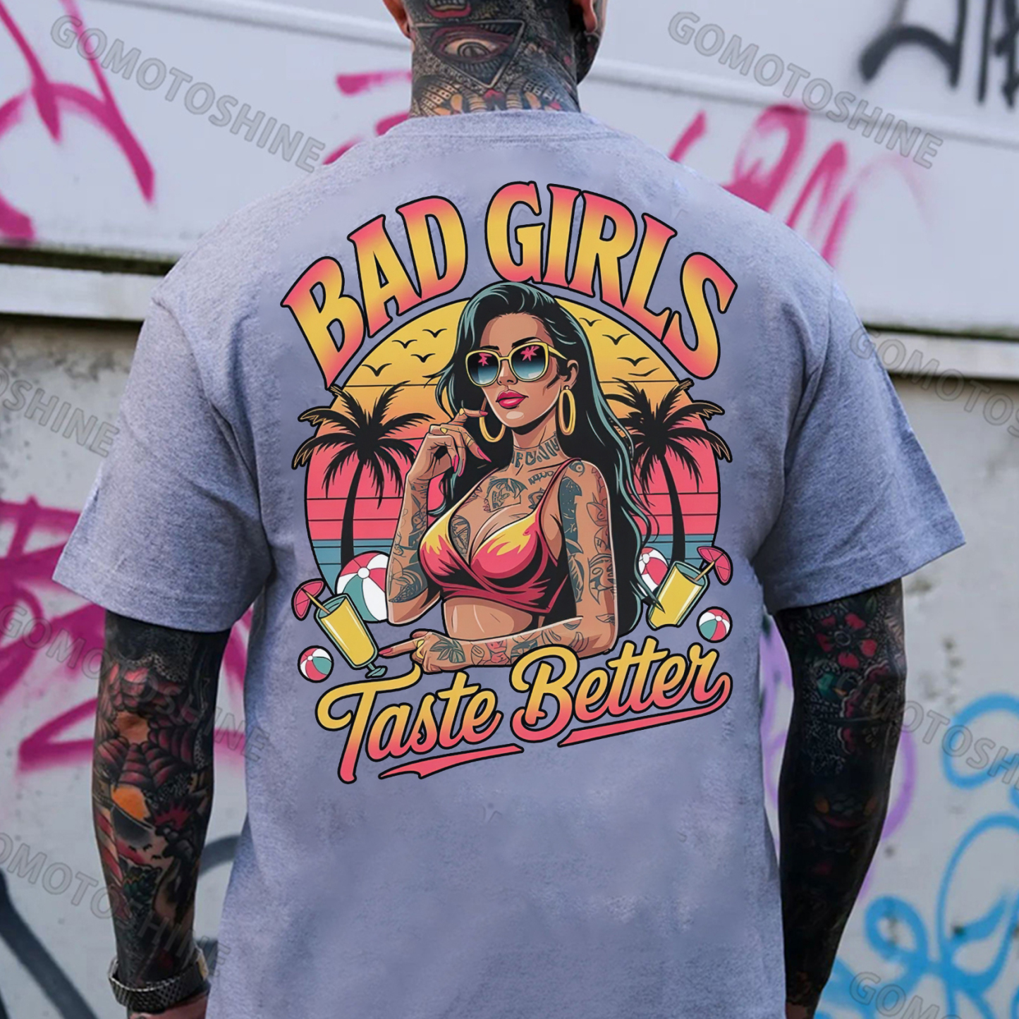 BAD GIRLS TASTE BETTER Vacation Tattooed Lady Print Men's T-Shirt Image - 3
