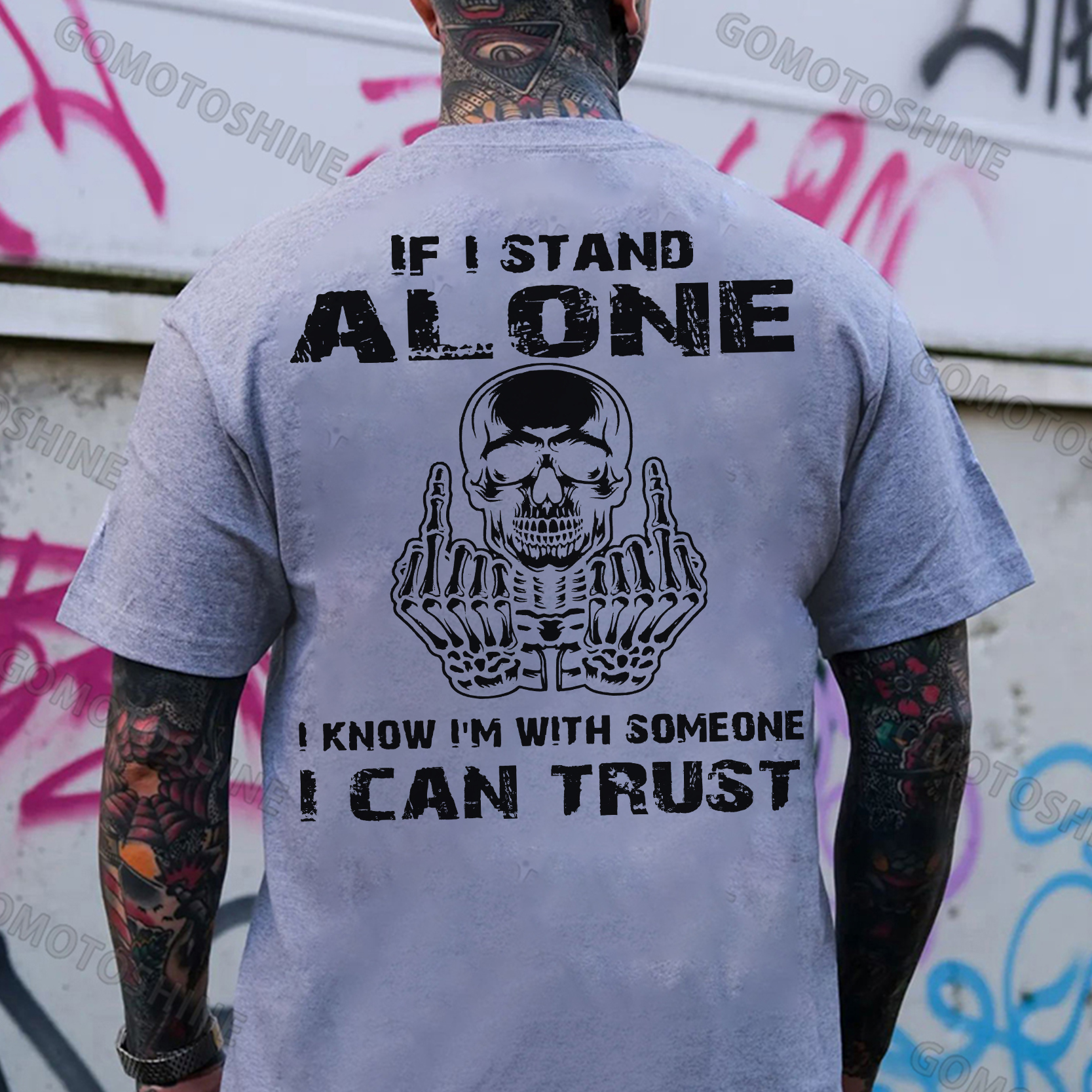 IF I STAND ALONE I KNOW I'M WITH SOMEONE I CAN TRUST Defiant Skeleton Print Men's T-shirt Image - 3
