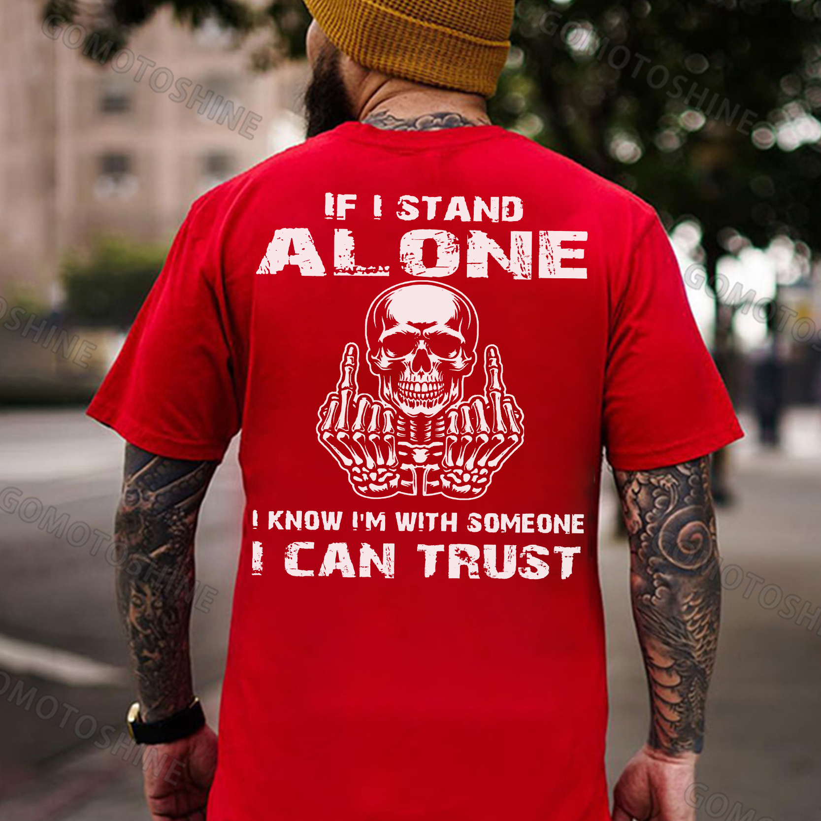 IF I STAND ALONE I KNOW I'M WITH SOMEONE I CAN TRUST Defiant Skeleton Print Men's T-shirt Image - 6