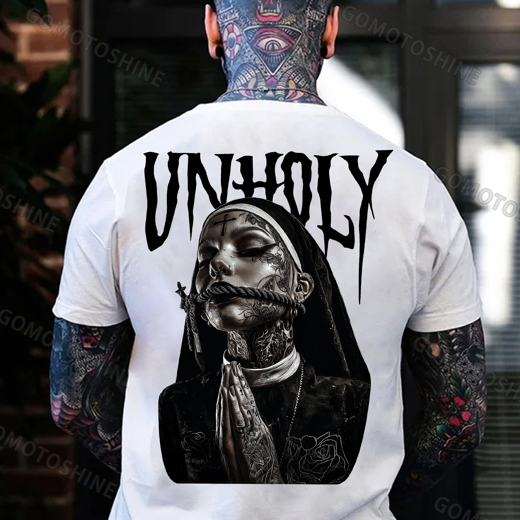 UNHOLY Praying Tied Nun Print Men's T-shirt Image - 2