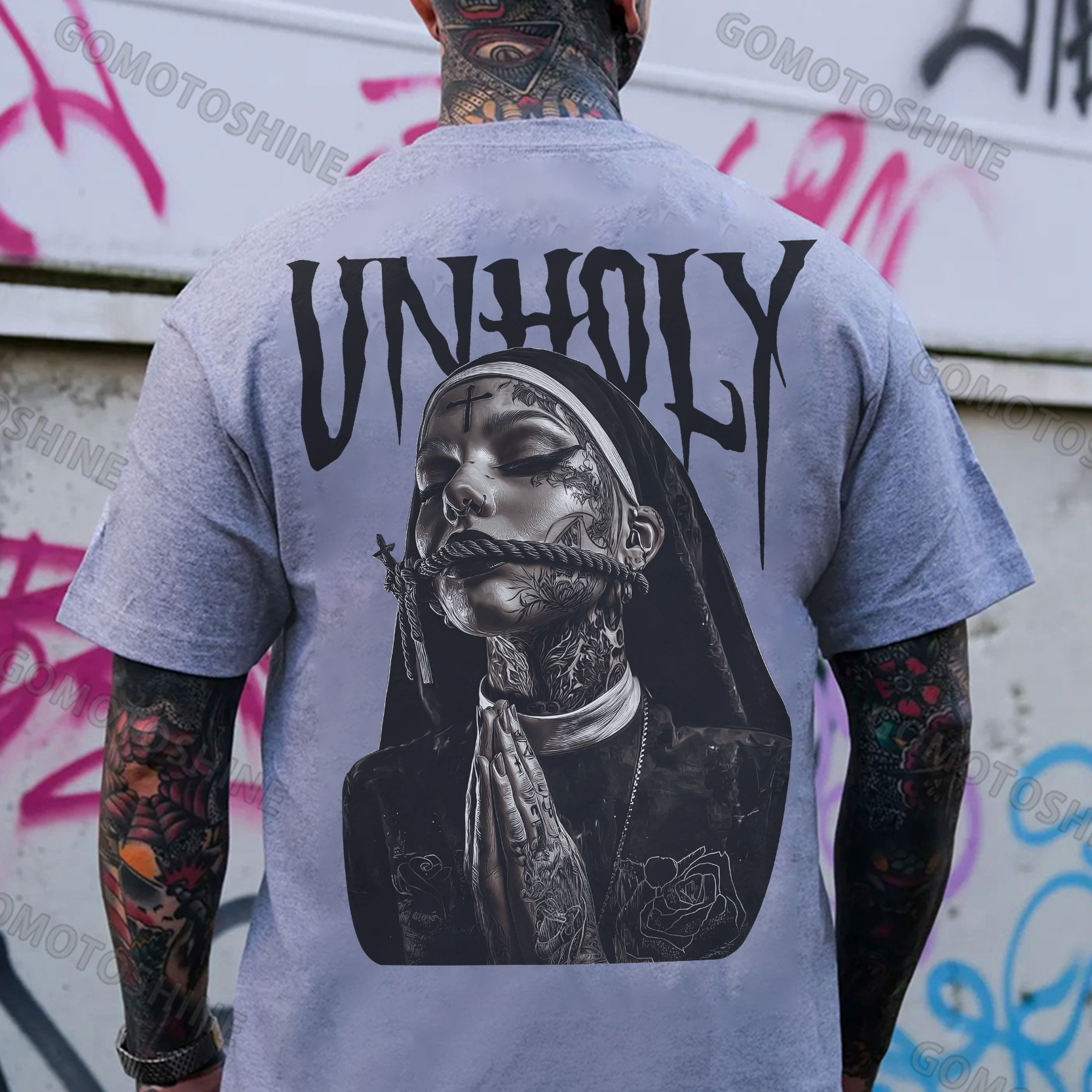 UNHOLY Praying Tied Nun Print Men's T-shirt Image - 3