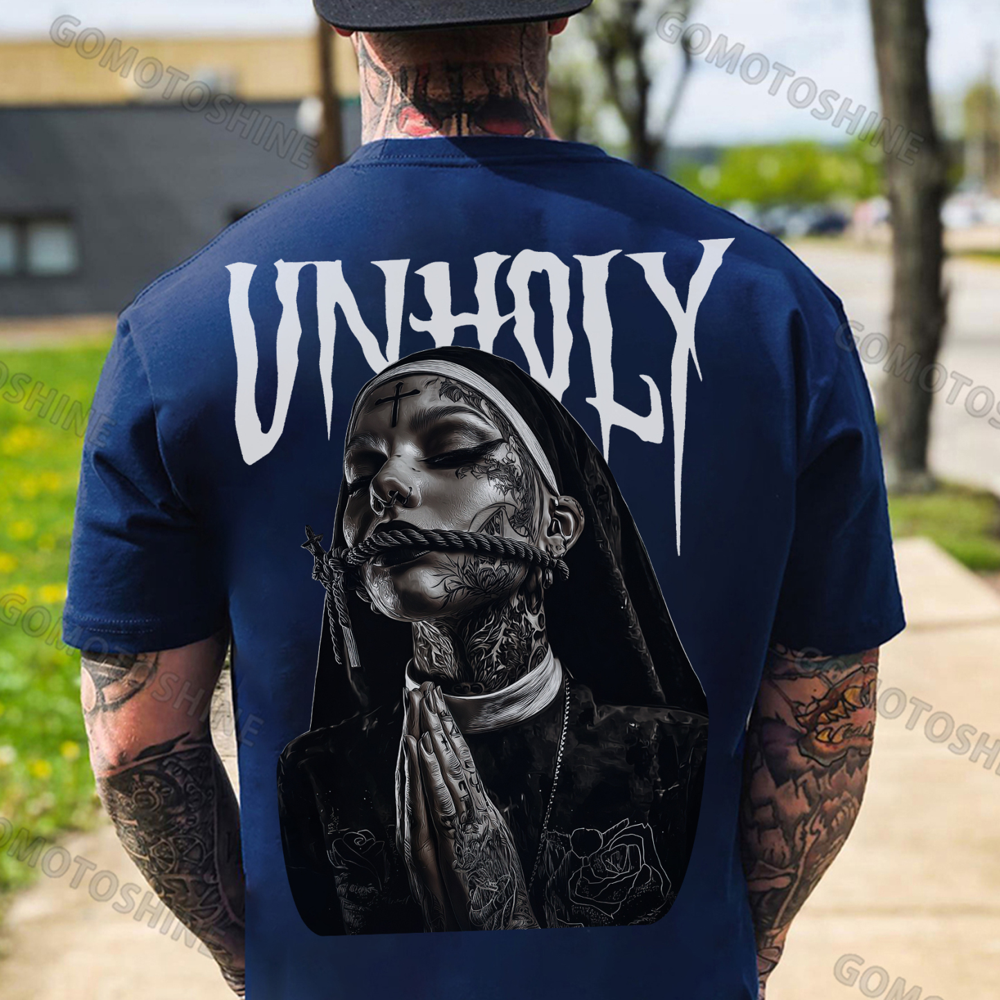 UNHOLY Praying Tied Nun Print Men's T-shirt Image - 4