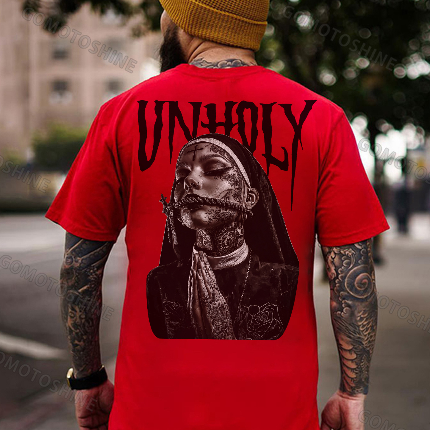 UNHOLY Praying Tied Nun Print Men's T-shirt Image - 6