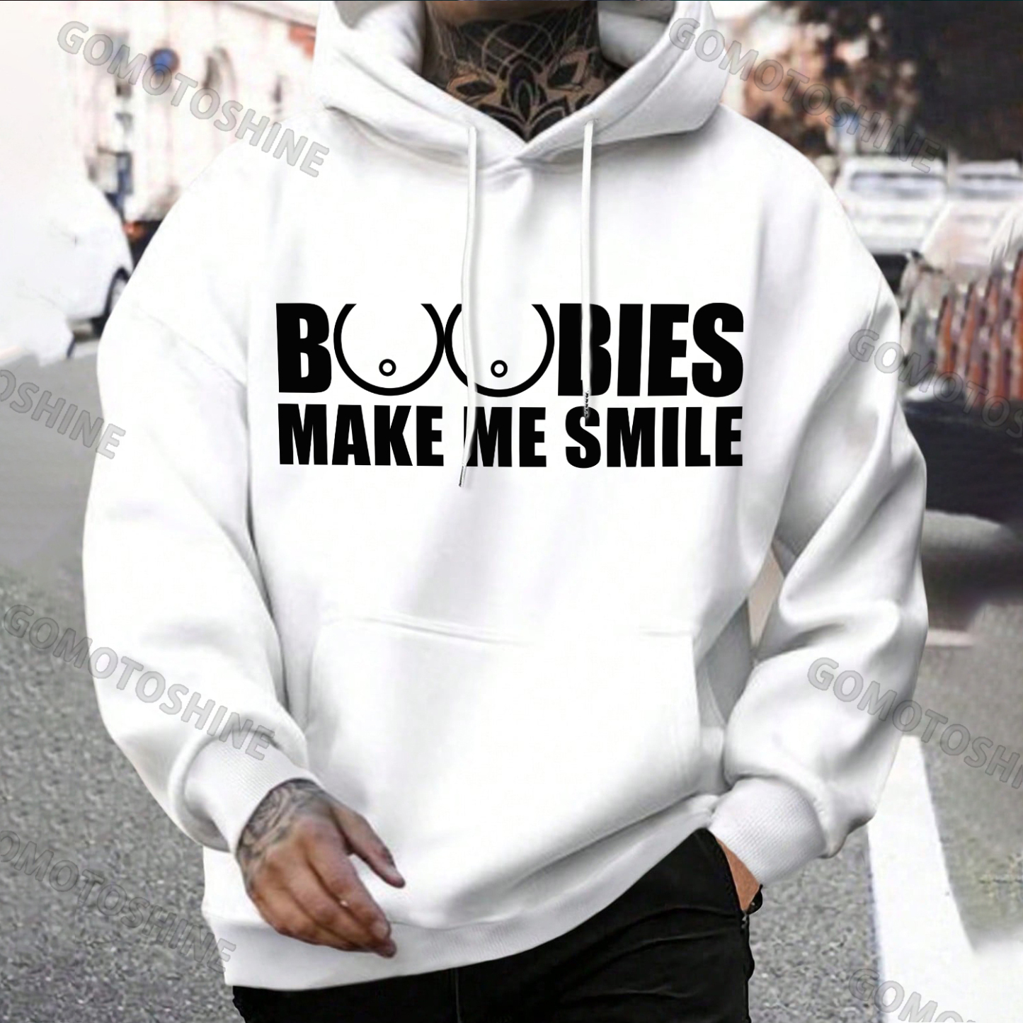 BOOBIES MAKE ME SMILE Casual Graphic Black Print Hoodie Image - 5