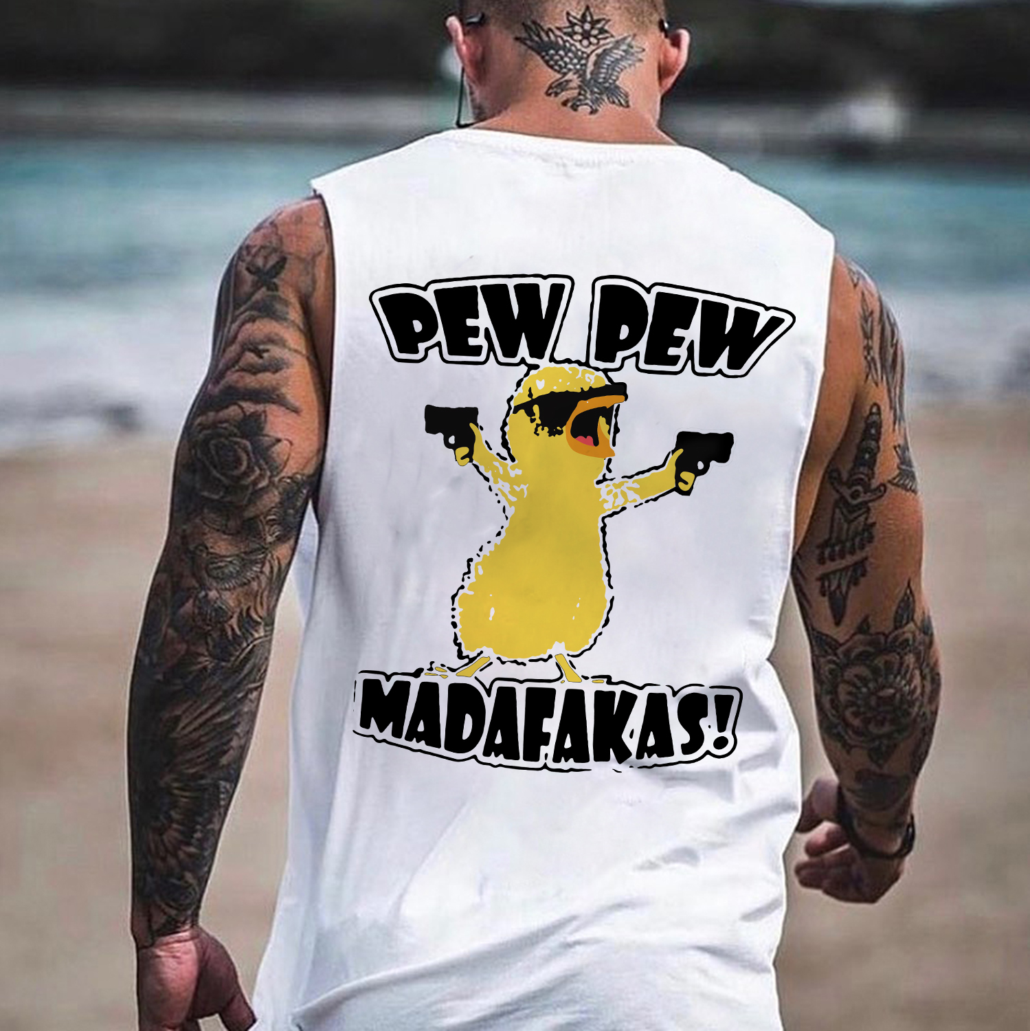 Yellow Duck Carries Pistol Letter Graphic Print Men's Vest Image - 2