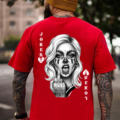 Poker Defiant Joker Lady Print Men's T-shirt Image - 6