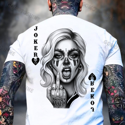 Poker Defiant Joker Lady Print Men's T-shirt Image - 2