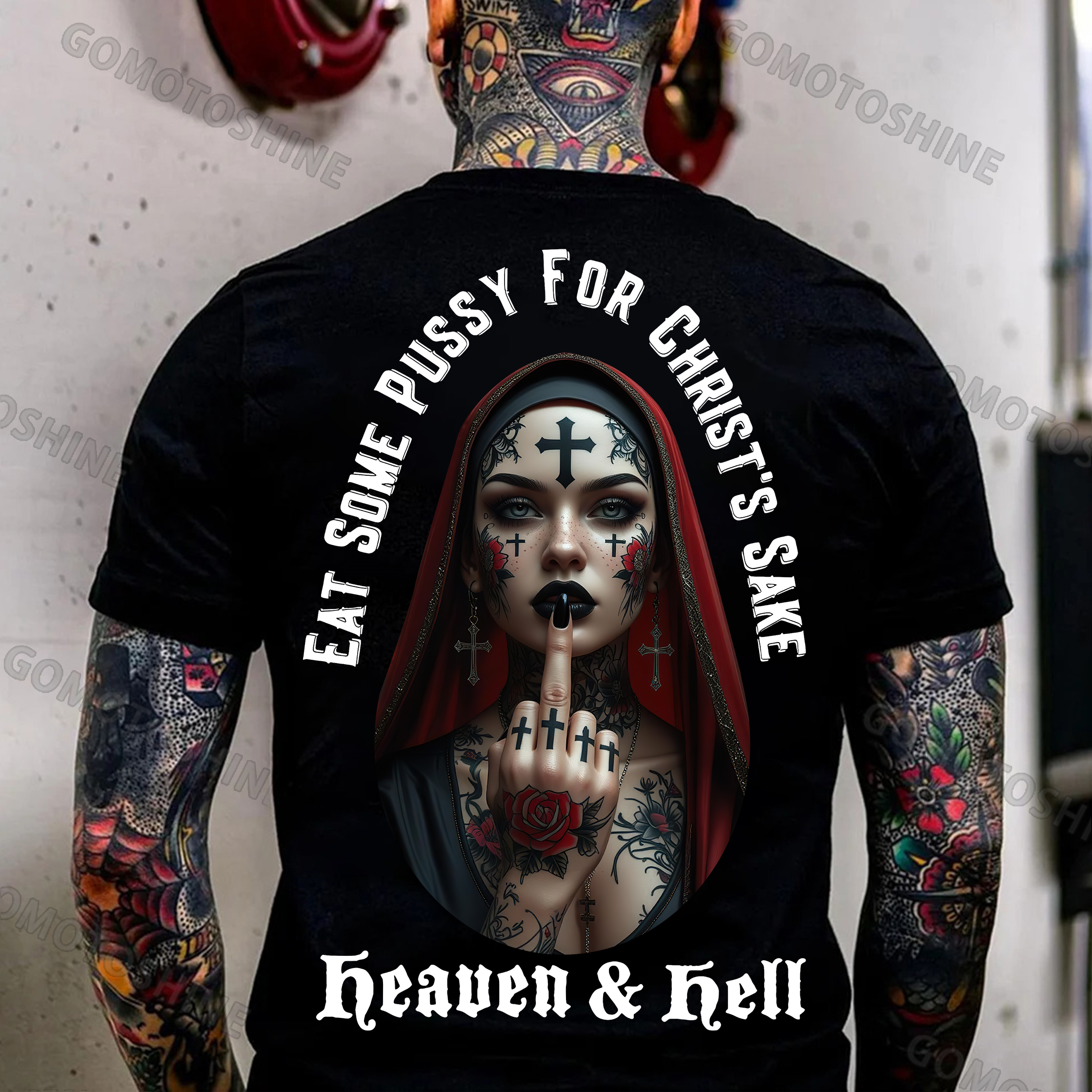 EAT SOME PUSSY FOR CHRIST'S SAKE Heaven & Hell Defiant Tattoo Nun Print Men's T-shirt Image - 1
