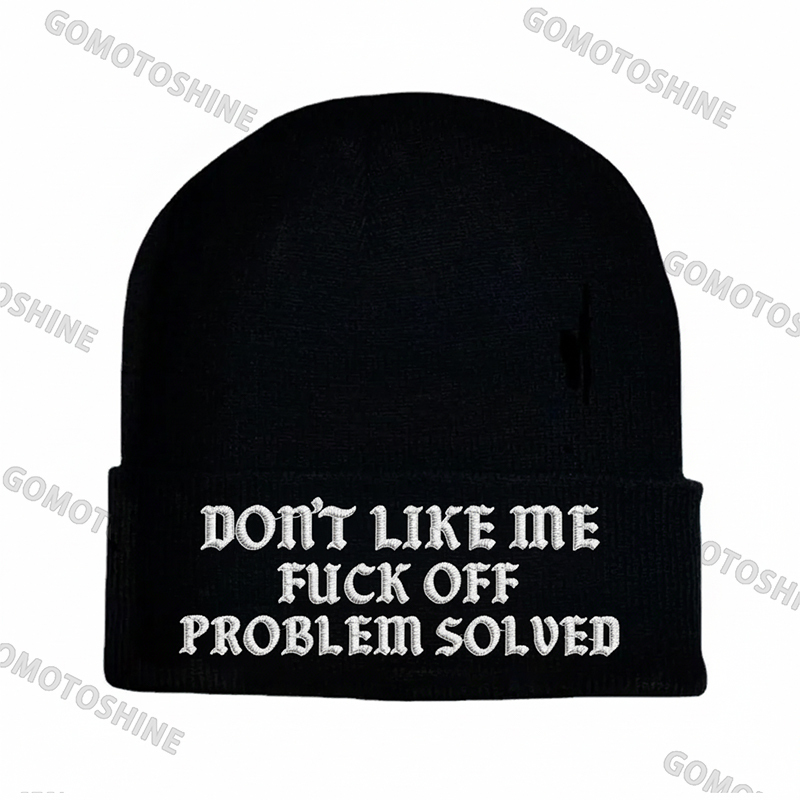 DON'T LIKE ME FUCK OFF PROBLEM SOLVED Embroidery Knit Cuffed Beanie Image - 1