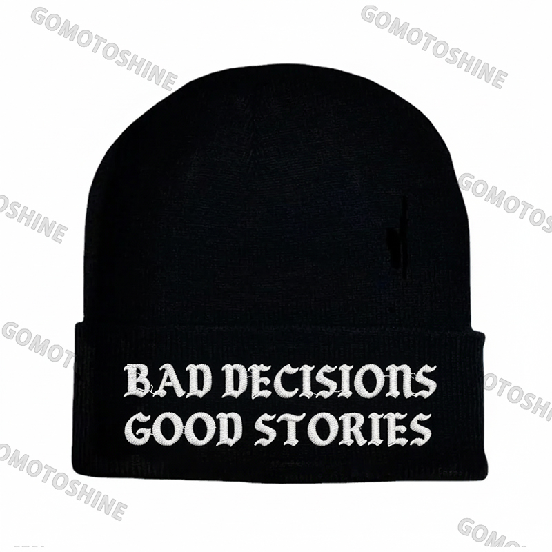BAD DECISIONS GOOD STORIES Embroidery Knit Cuffed Beanie Image - 1