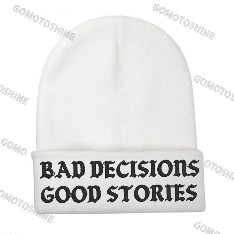 BAD DECISIONS GOOD STORIES Embroidery Knit Cuffed Beanie Image - 2