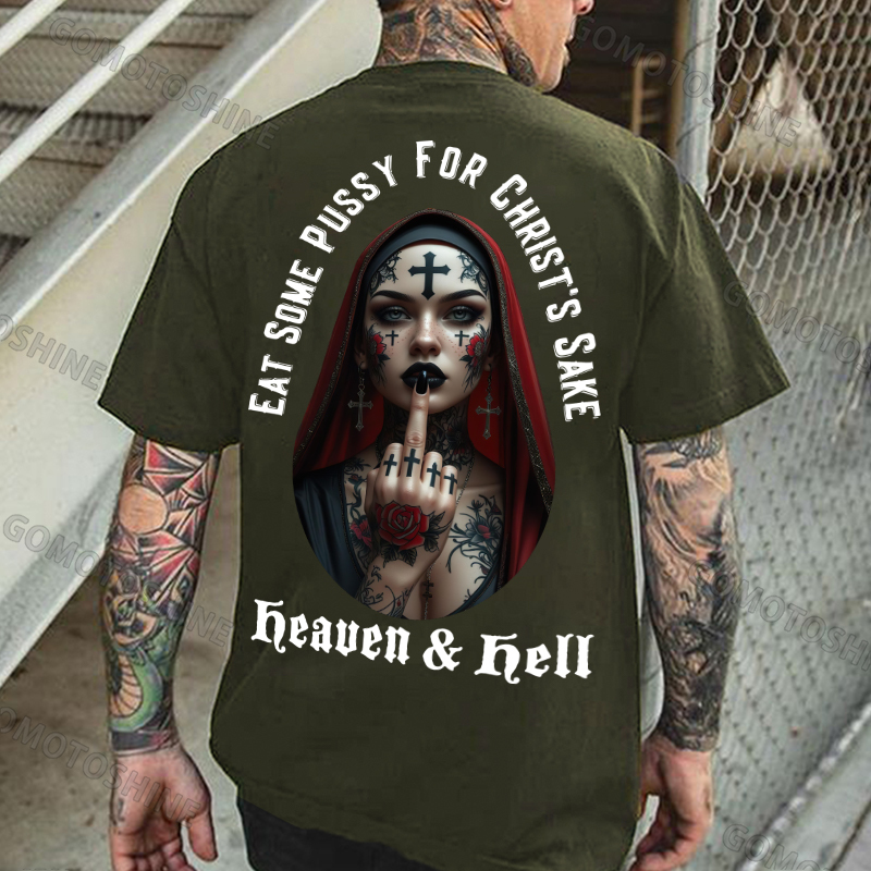 EAT SOME PUSSY FOR CHRIST'S SAKE Heaven & Hell Defiant Tattoo Nun Print Men's T-shirt Image - 5