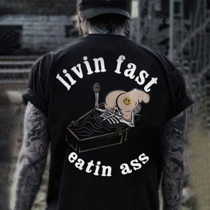 Living Fast Eating Butt Skeleton Suck Sexy Butt Print Men's T-shirt Image - 1