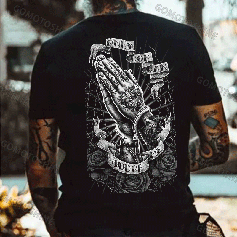 ONLY GOD CAN JUDGE ME Praying Gesture Retro Rose Thorn Print Men's T-shirt Image - 1