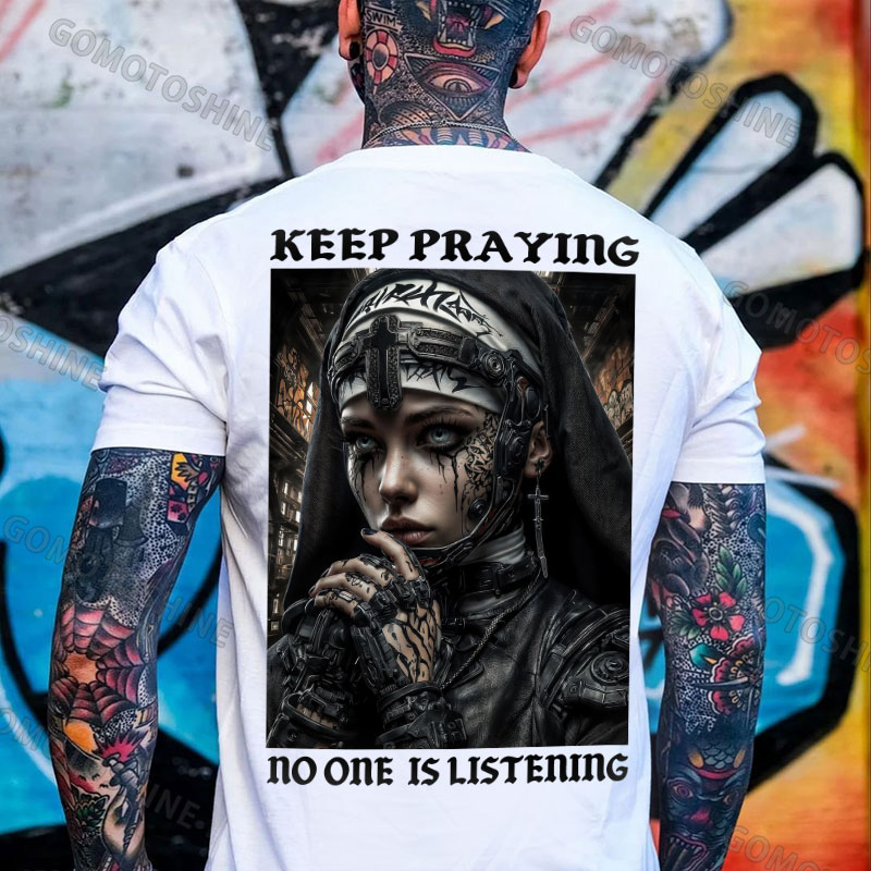 KEEP PRAYING no one is listening Gangster Nun Print Men's T-shirt Image - 2