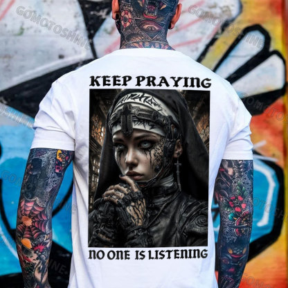 KEEP PRAYING no one is listening Gangster Nun Print Men's T-shirt Image - 2