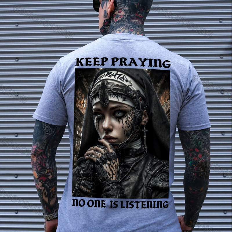 KEEP PRAYING no one is listening Gangster Nun Print Men's T-shirt Image - 3